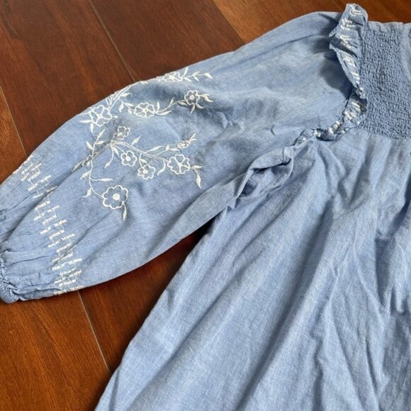 LOFT Embroidered Smock Light Blue Long Sleeve Blouse Size Large Petite - Picture 6 of 6